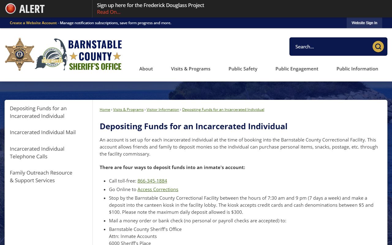 Barnstable County Correctional Facility inmate deposits for Nantucket custody