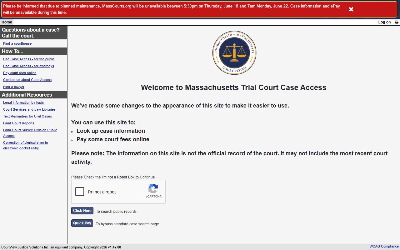 MassCourts portal for Nantucket County court records after jail arrest